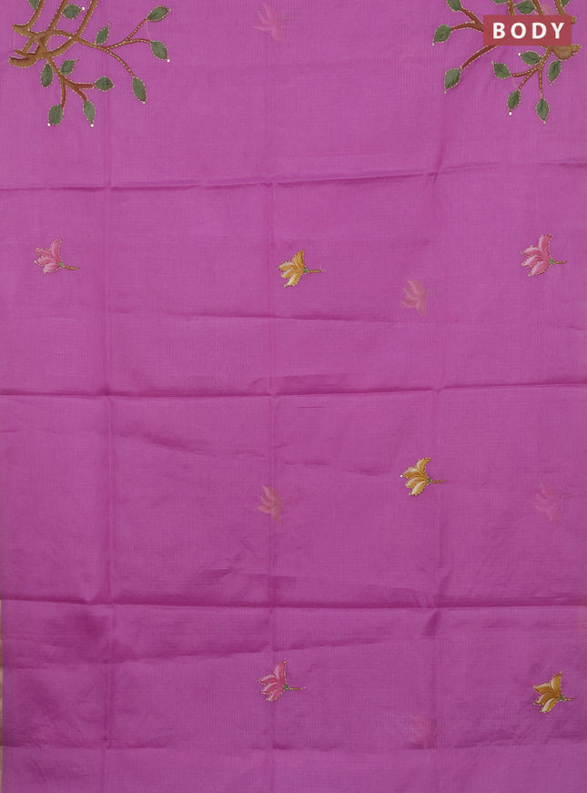 Kota saree purple shade with allover hand paints & kantha stitch work and zari woven piping border