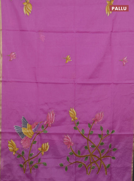 Kota saree purple shade with allover hand paints & kantha stitch work and zari woven piping border