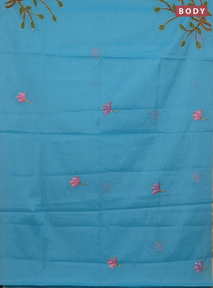 Kota saree turquoise with allover hand paints & kantha stitch work and zari woven piping border