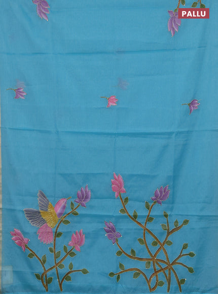 Kota saree turquoise with allover hand paints & kantha stitch work and zari woven piping border