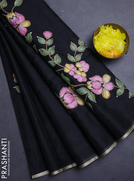 Kota saree black with allover hand paints & kantha stitch work and zari woven piping border