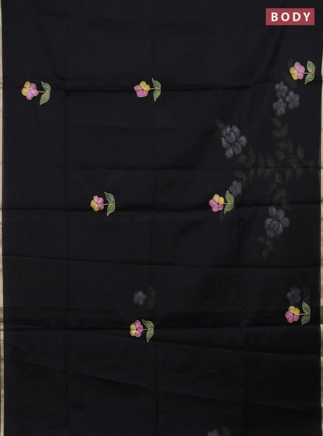 Kota saree black with allover hand paints & kantha stitch work and zari woven piping border