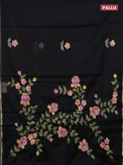 Kota saree black with allover hand paints & kantha stitch work and zari woven piping border