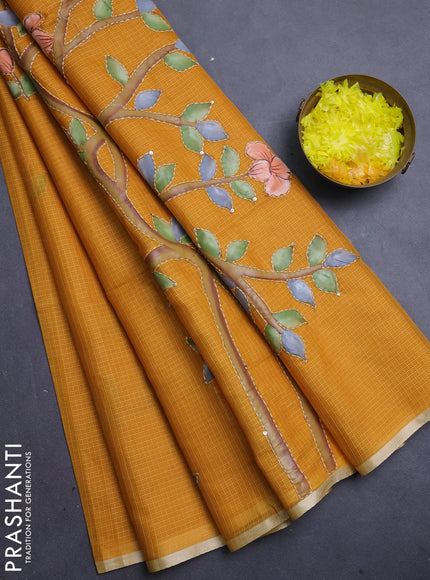 Kota saree mustard yellow with allover hand paints & kantha stitch work and zari woven piping border