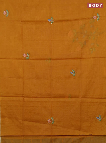 Kota saree mustard yellow with allover hand paints & kantha stitch work and zari woven piping border
