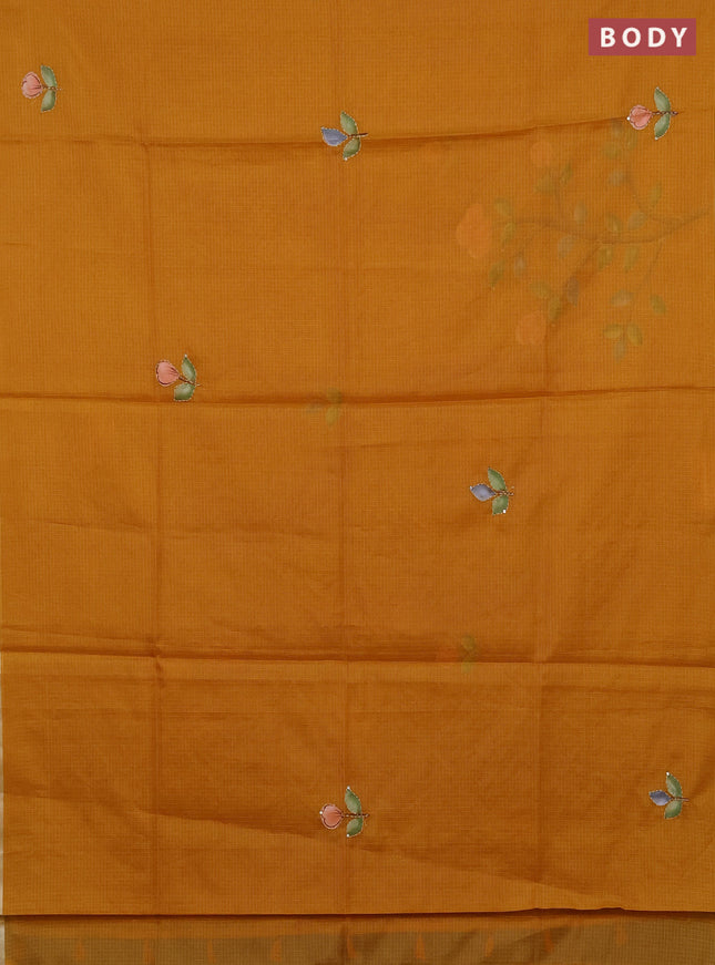 Kota saree mustard yellow with allover hand paints & kantha stitch work and zari woven piping border
