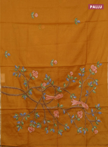 Kota saree mustard yellow with allover hand paints & kantha stitch work and zari woven piping border