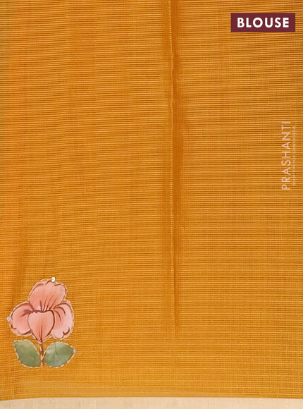 Kota saree mustard yellow with allover hand paints & kantha stitch work and zari woven piping border