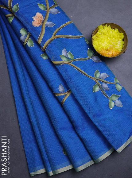 Kota saree teal blue with allover hand paints & kantha stitch work and zari woven piping border