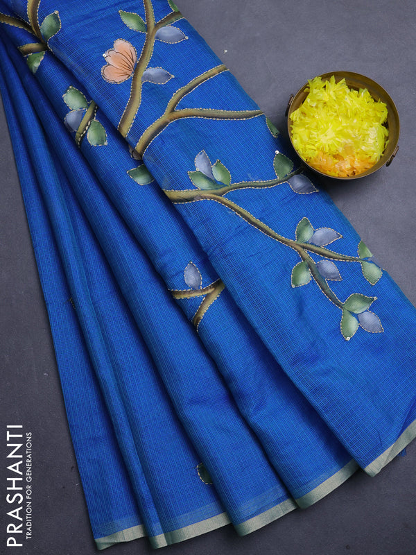 Kota saree teal blue with allover hand paints & kantha stitch work and zari woven piping border