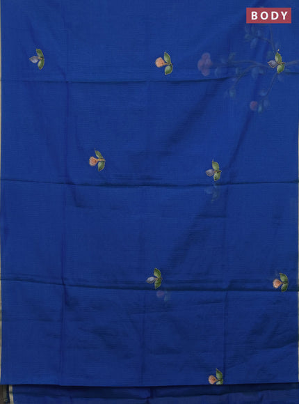 Kota saree teal blue with allover hand paints & kantha stitch work and zari woven piping border