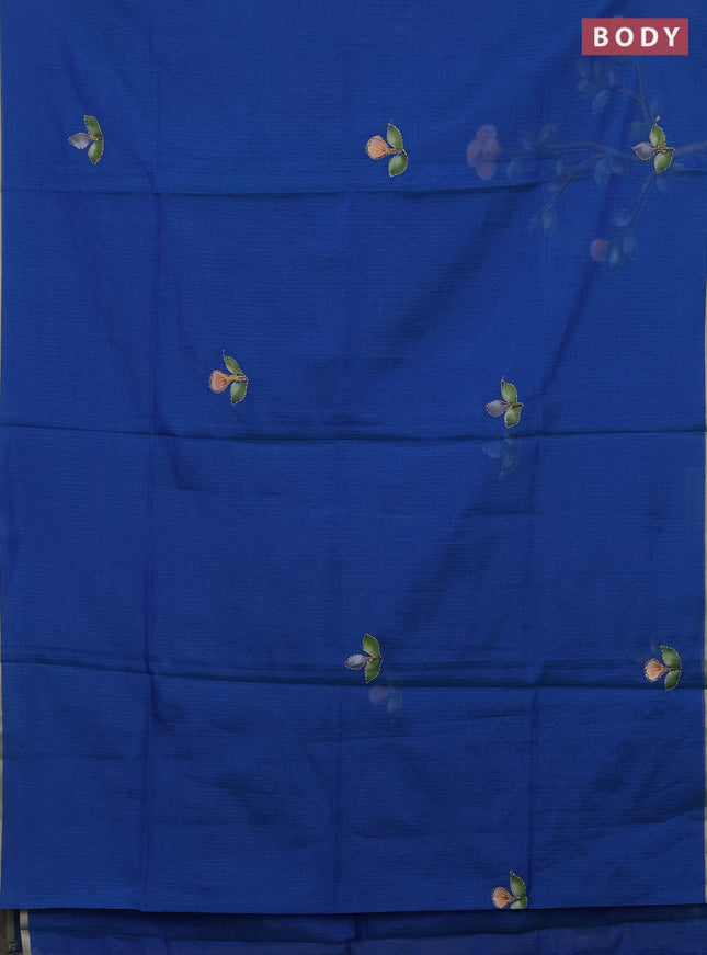Kota saree teal blue with allover hand paints & kantha stitch work and zari woven piping border