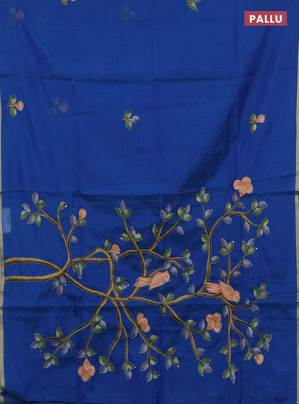Kota saree teal blue with allover hand paints & kantha stitch work and zari woven piping border
