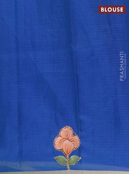 Kota saree teal blue with allover hand paints & kantha stitch work and zari woven piping border