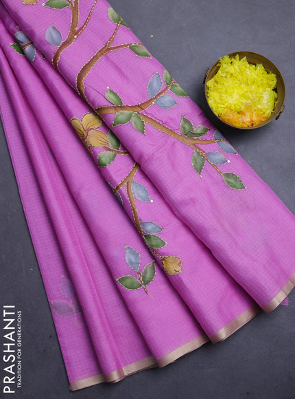 Kota saree purple with allover hand paints & kantha stitch work and zari woven piping border