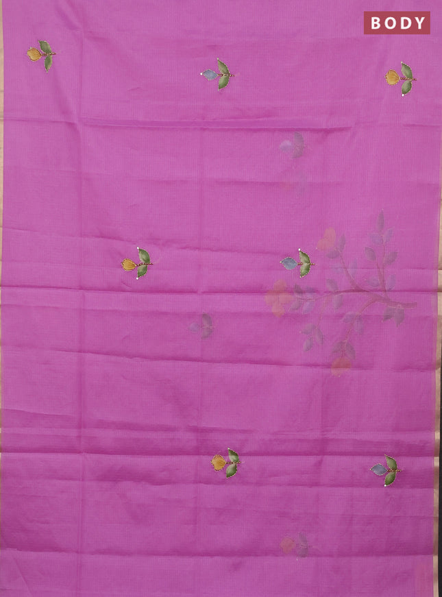 Kota saree purple with allover hand paints & kantha stitch work and zari woven piping border