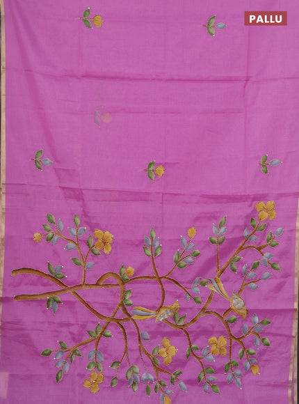 Kota saree purple with allover hand paints & kantha stitch work and zari woven piping border