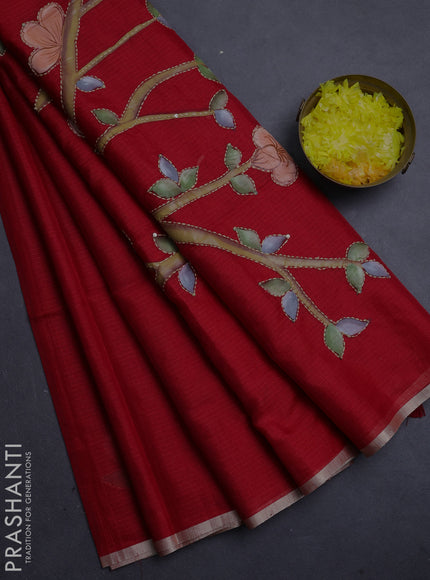 Kota saree red shade with allover hand paints & kantha stitch work and zari woven piping border