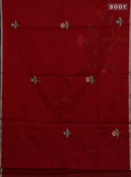 Kota saree red shade with allover hand paints & kantha stitch work and zari woven piping border