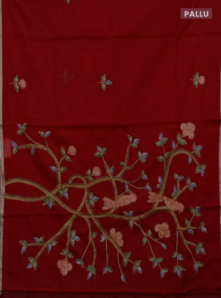 Kota saree red shade with allover hand paints & kantha stitch work and zari woven piping border