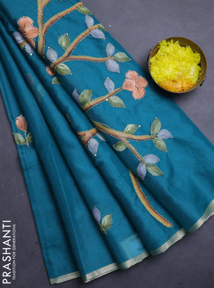 Kota saree teal green with allover hand paints & kantha stitch work and zari woven piping border