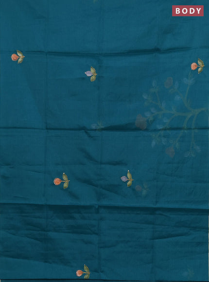 Kota saree teal green with allover hand paints & kantha stitch work and zari woven piping border