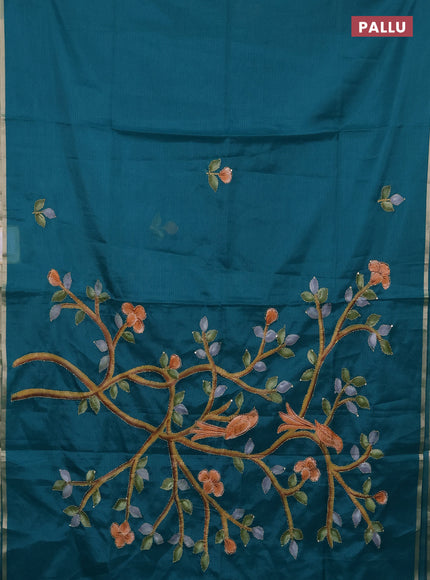 Kota saree teal green with allover hand paints & kantha stitch work and zari woven piping border