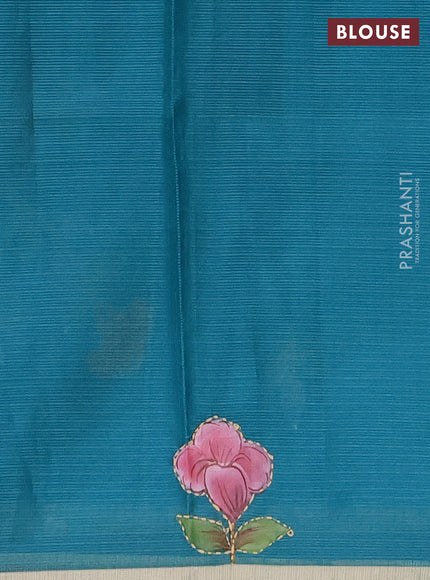 Kota saree teal green with allover hand paints & kantha stitch work and zari woven piping border