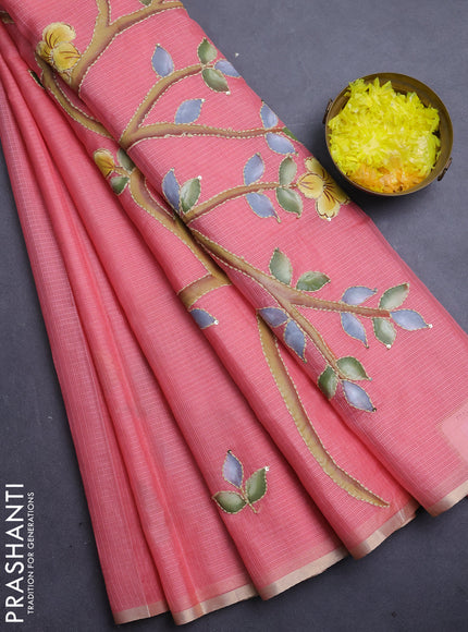 Kota saree peach shade with allover hand paints & kantha stitch work and zari woven piping border