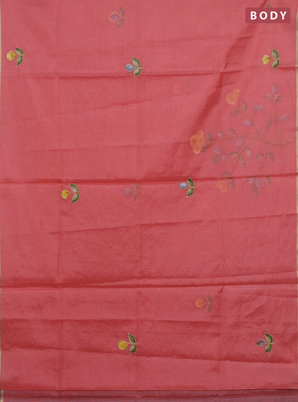 Kota saree peach shade with allover hand paints & kantha stitch work and zari woven piping border