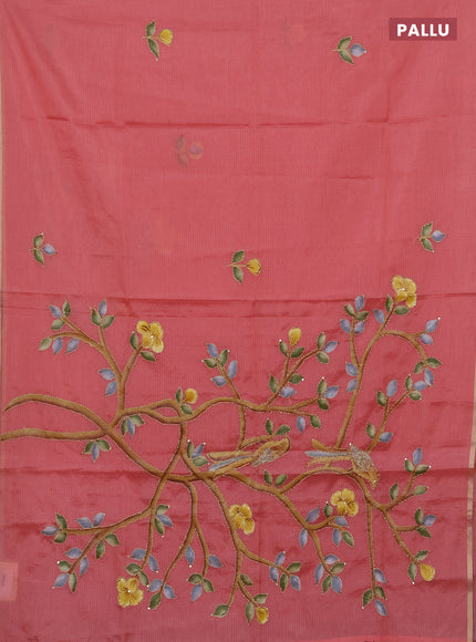 Kota saree peach shade with allover hand paints & kantha stitch work and zari woven piping border