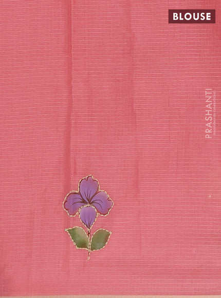 Kota saree peach shade with allover hand paints & kantha stitch work and zari woven piping border