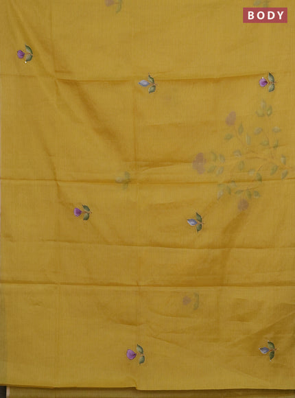 Kota saree yellow with allover hand paints & kantha stitch work and zari woven piping border
