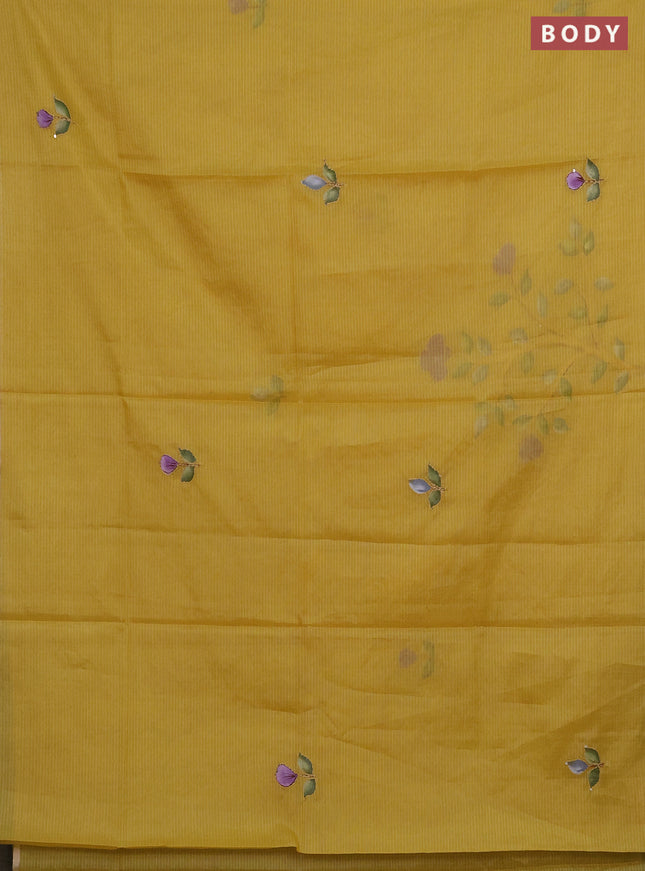 Kota saree yellow with allover hand paints & kantha stitch work and zari woven piping border