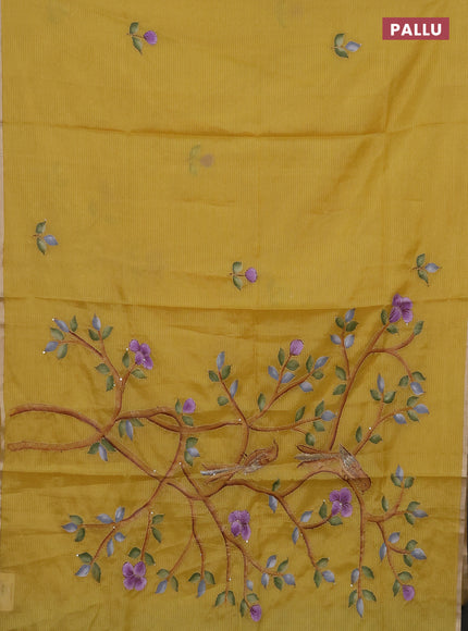 Kota saree yellow with allover hand paints & kantha stitch work and zari woven piping border