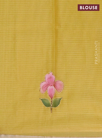 Kota saree yellow with allover hand paints & kantha stitch work and zari woven piping border