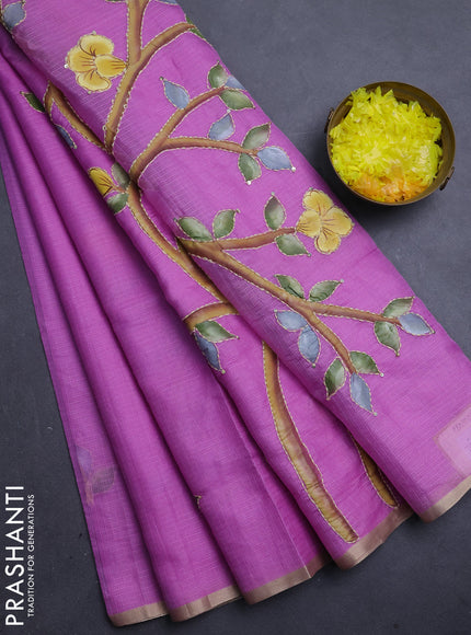 Kota saree purple with allover hand paints & kantha stitch work and zari woven piping border