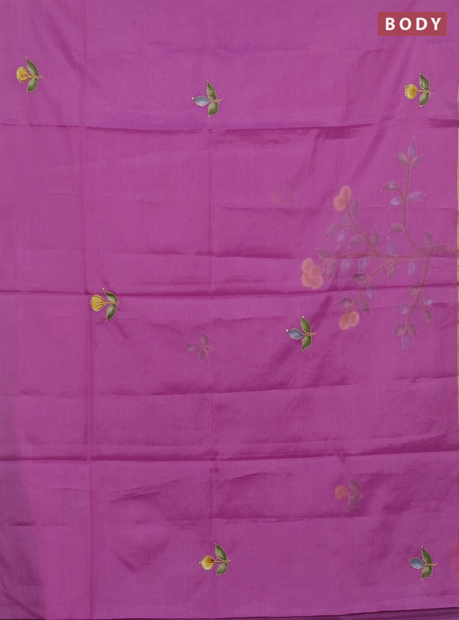 Kota saree purple with allover hand paints & kantha stitch work and zari woven piping border