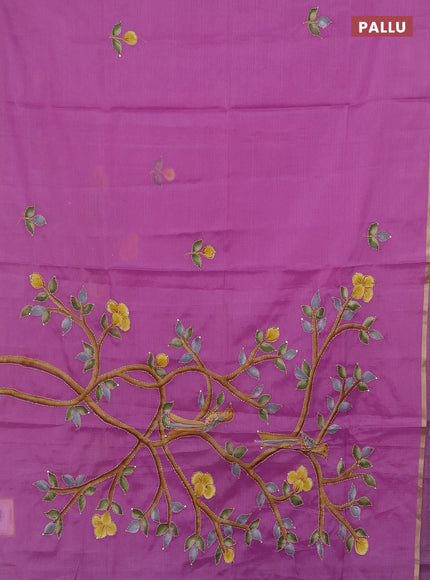 Kota saree purple with allover hand paints & kantha stitch work and zari woven piping border