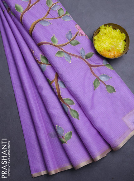 Kota saree lavender with allover hand paints & kantha stitch work and zari woven piping border