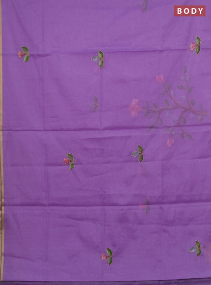 Kota saree lavender with allover hand paints & kantha stitch work and zari woven piping border