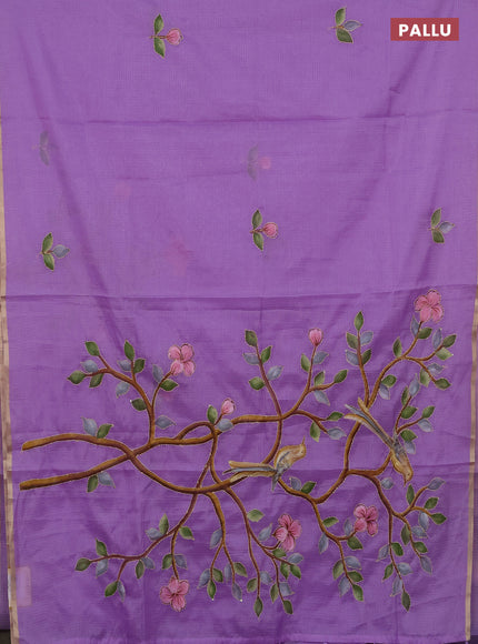 Kota saree lavender with allover hand paints & kantha stitch work and zari woven piping border