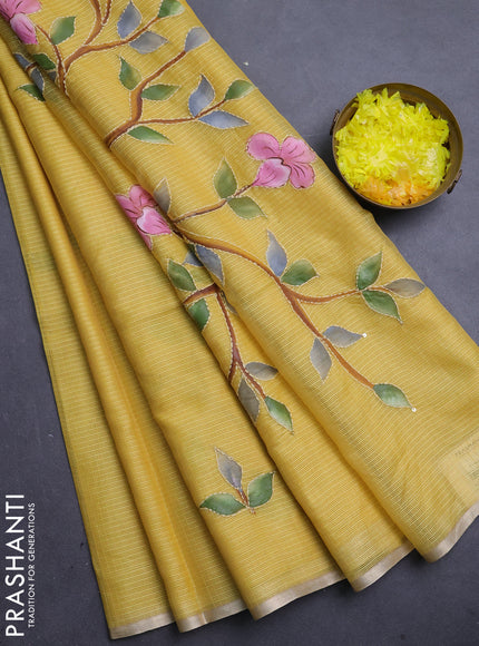 Kota saree yellow with allover hand paints & kantha stitch work and zari woven piping border