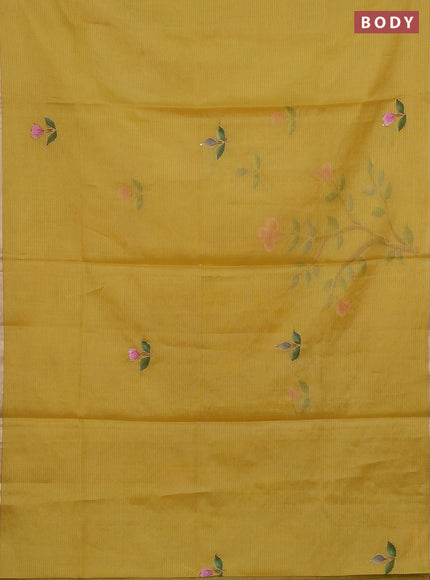 Kota saree yellow with allover hand paints & kantha stitch work and zari woven piping border