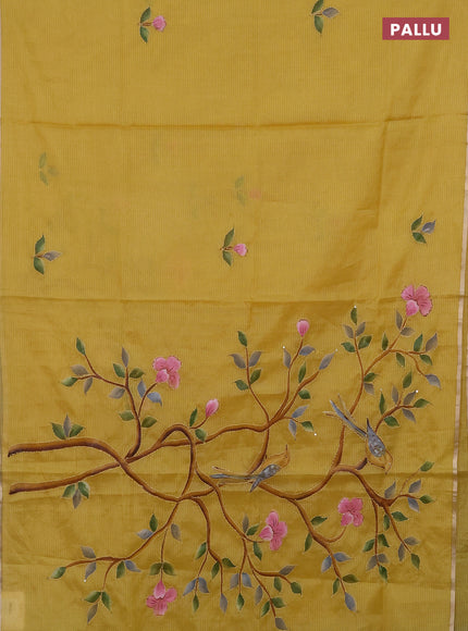 Kota saree yellow with allover hand paints & kantha stitch work and zari woven piping border