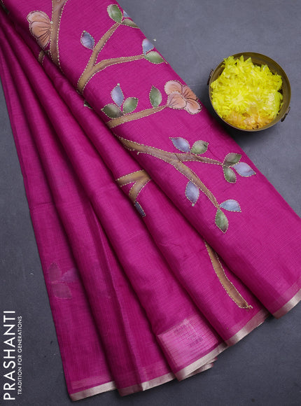 Kota saree dark pink with allover hand paints & kantha stitch work and zari woven piping border