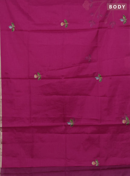 Kota saree dark pink with allover hand paints & kantha stitch work and zari woven piping border