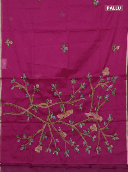 Kota saree dark pink with allover hand paints & kantha stitch work and zari woven piping border