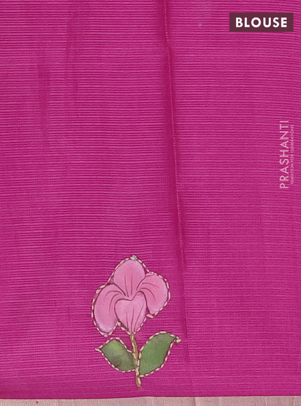 Kota saree dark pink with allover hand paints & kantha stitch work and zari woven piping border