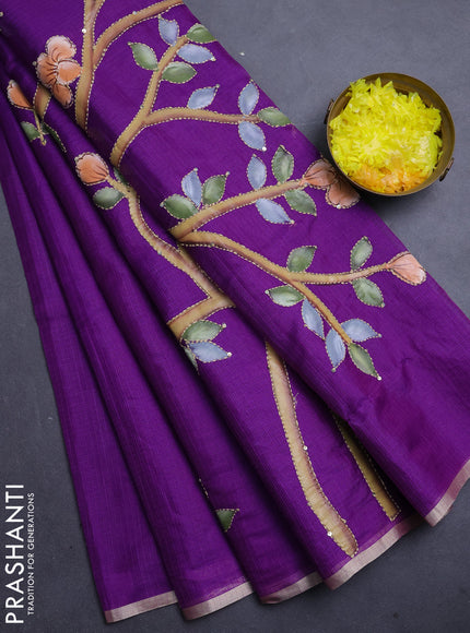 Kota saree purple shade with allover hand paints & kantha stitch work and zari woven piping border